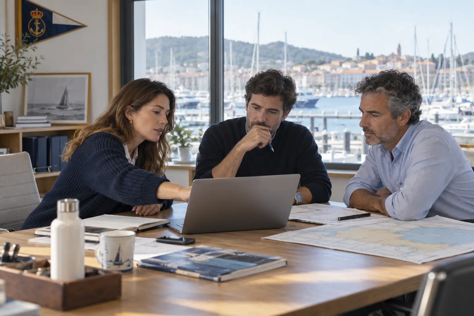 Reunión de asesoramiento a una entidad náutica, imagen generada